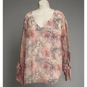 THE LIMITED Blouse Womens 3X PLUS Festive Pink Double V-Neck Clip Dot MSRP $79